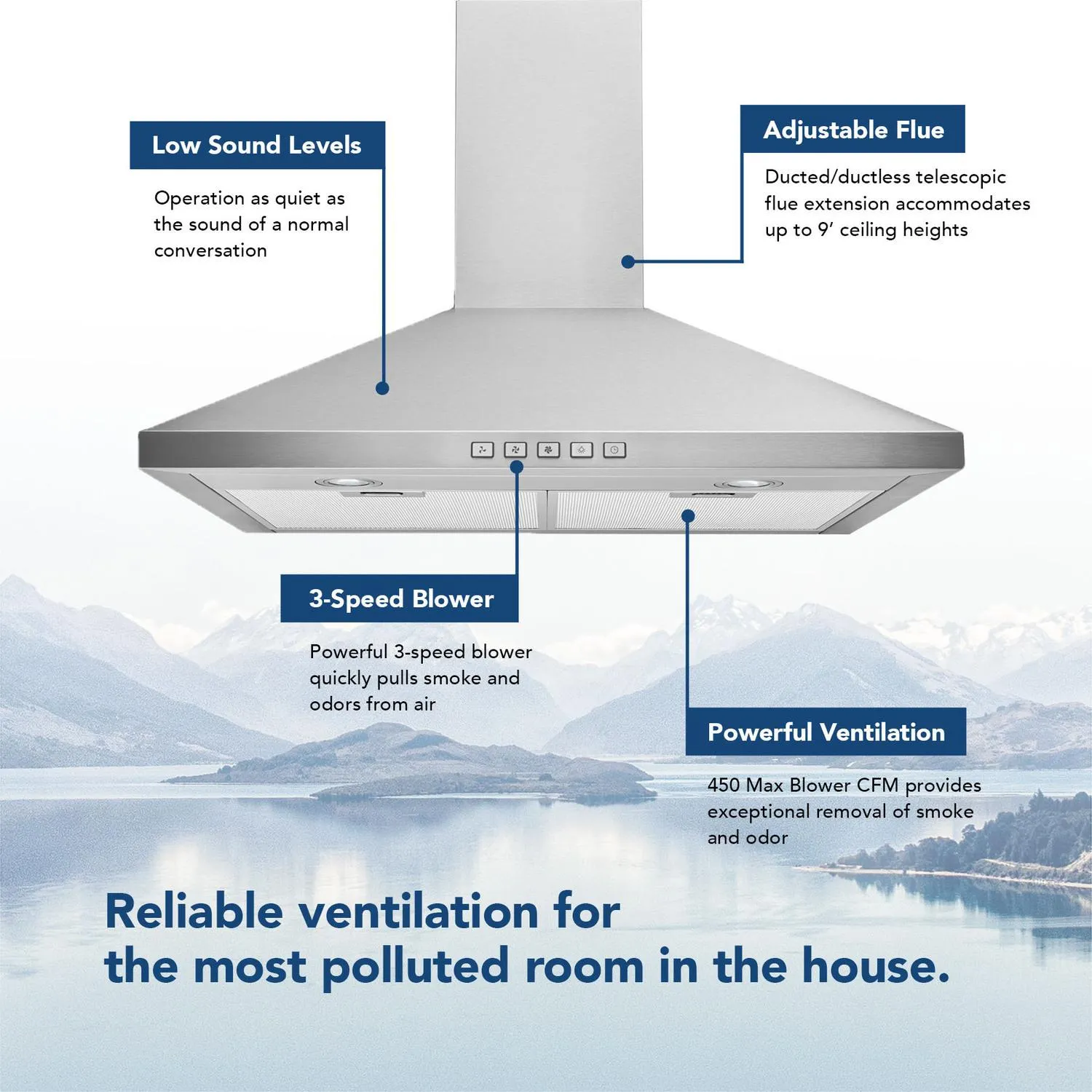 Broan BWP1304SS Broan 30-Inch Convertible Wall-Mount Pyramidal Chimney Range Hood. 450 Max Cfm. Stainless Steel