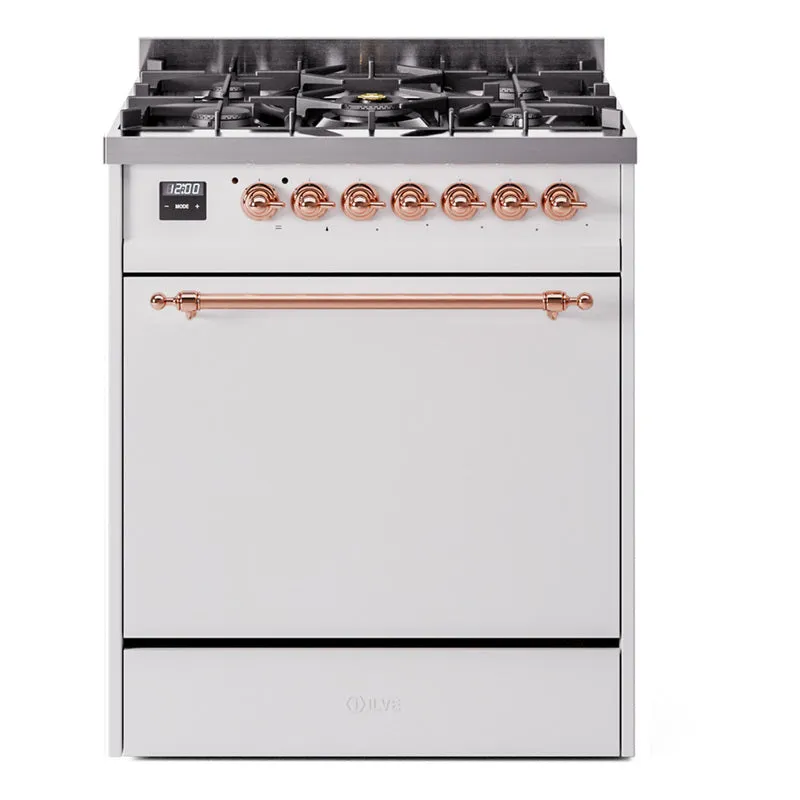 Ilve UP30QNMPWHP Nostalgie Ii 30 Inch Dual Fuel Natural Gas Freestanding Range In White With Copper Trim