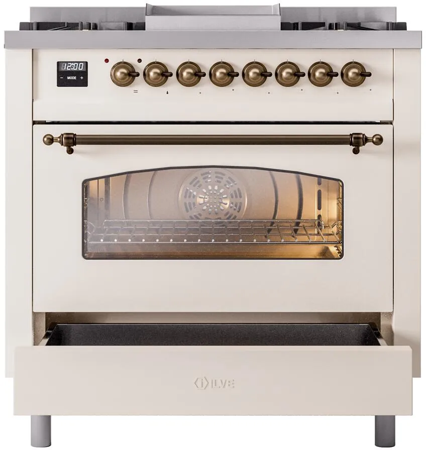 Ilve UP36FNMPAWBLP Nostalgie Ii 36 Inch Dual Fuel Liquid Propane Freestanding Range In Antique White With Bronze Trim
