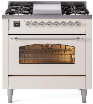 Ilve UP36FNMPAWC Nostalgie Ii 36 Inch Dual Fuel Natural Gas Freestanding Range In Antique White With Chrome Trim