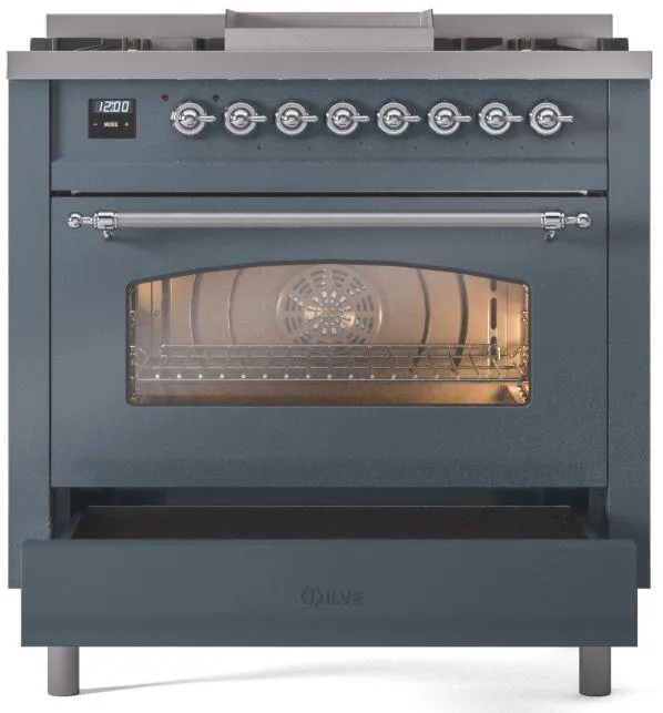 Ilve UP36FNMPBGCLP Nostalgie Ii 36 Inch Dual Fuel Liquid Propane Freestanding Range In Blue Grey With Chrome Trim