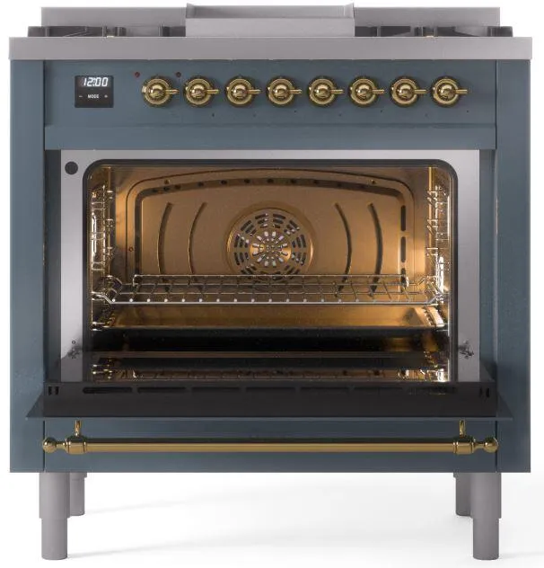 Ilve UP36FNMPBGG Nostalgie Ii 36 Inch Dual Fuel Natural Gas Freestanding Range In Blue Grey With Brass Trim