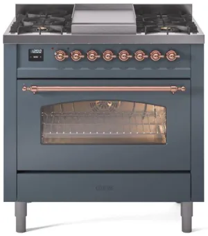 Ilve UP36FNMPBGPLP Nostalgie Ii 36 Inch Dual Fuel Liquid Propane Freestanding Range In Blue Grey With Copper Trim