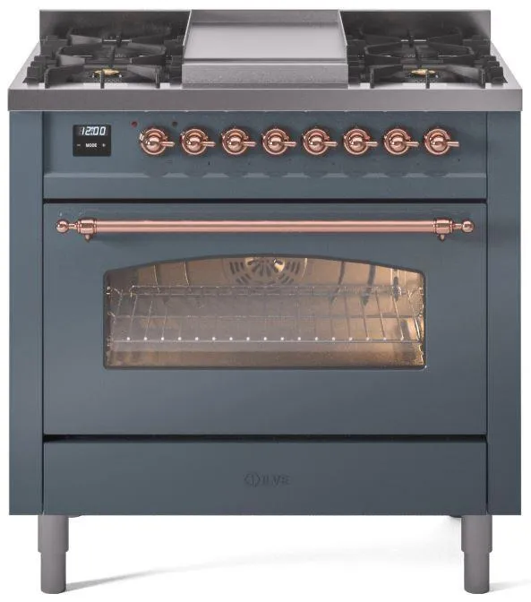 Ilve UP36FNMPBGPLP Nostalgie Ii 36 Inch Dual Fuel Liquid Propane Freestanding Range In Blue Grey With Copper Trim