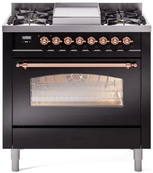 Ilve UP36FNMPBKPLP Nostalgie Ii 36 Inch Dual Fuel Liquid Propane Freestanding Range In Glossy Black With Copper Trim