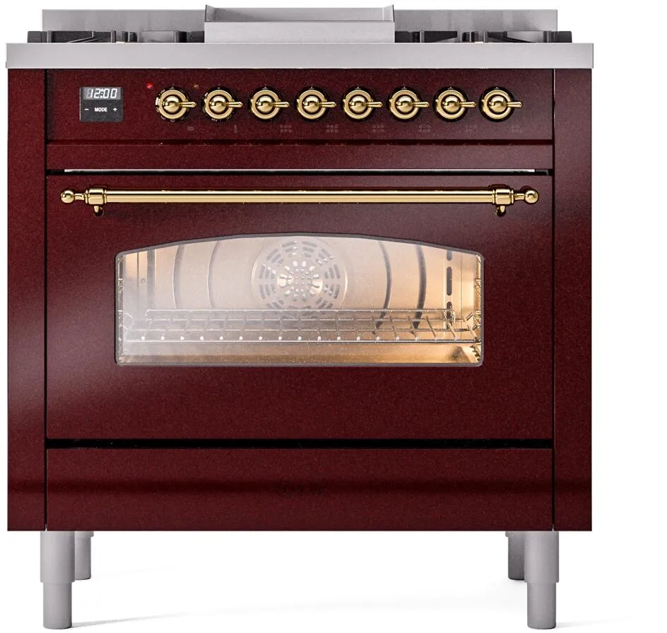 Ilve UP36FNMPBUG Nostalgie Ii 36 Inch Dual Fuel Natural Gas Freestanding Range In Burgundy With Brass Trim