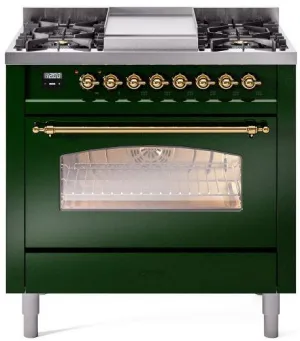 Ilve UP36FNMPEGG Nostalgie Ii 36 Inch Dual Fuel Natural Gas Freestanding Range In Emerald Green With Brass Trim