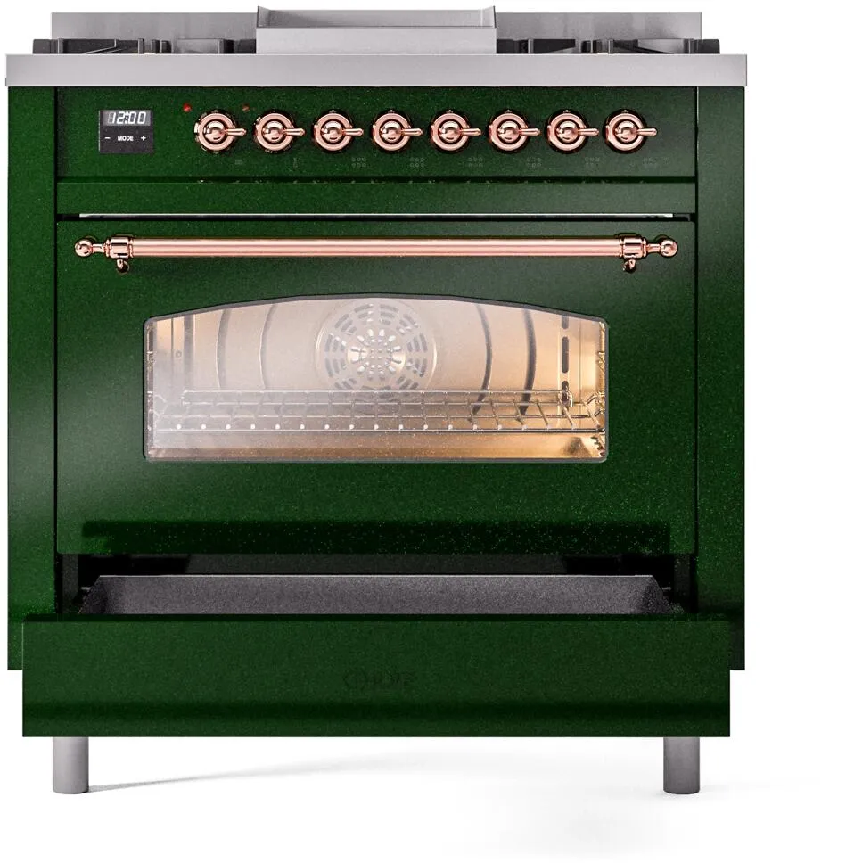 Ilve UP36FNMPEGP Nostalgie Ii 36 Inch Dual Fuel Natural Gas Freestanding Range In Emerald Green With Copper Trim