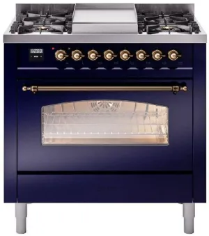 Ilve UP36FNMPMBBLP Nostalgie Ii 36 Inch Dual Fuel Liquid Propane Freestanding Range In Blue With Bronze Trim