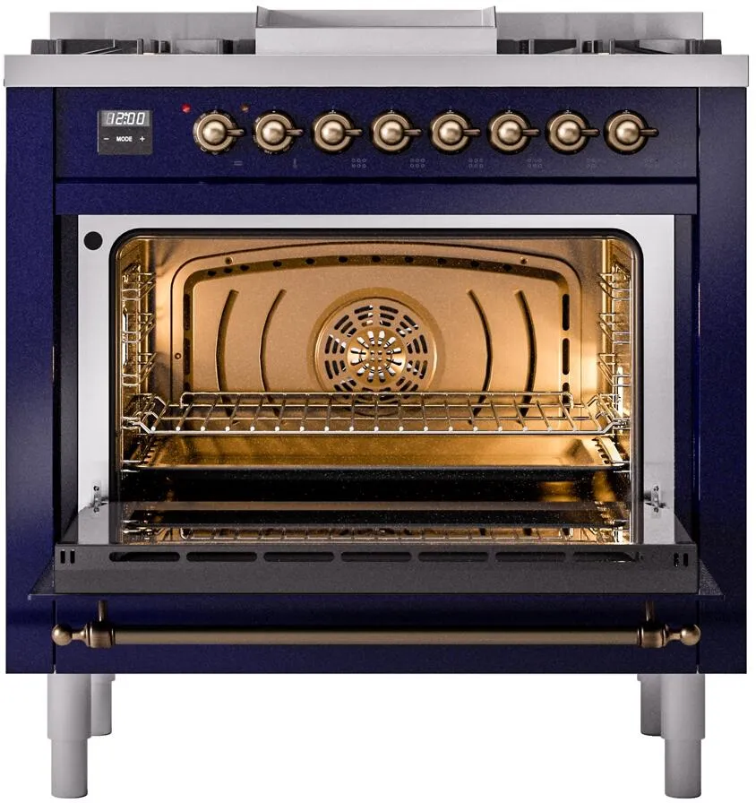 Ilve UP36FNMPMBBLP Nostalgie Ii 36 Inch Dual Fuel Liquid Propane Freestanding Range In Blue With Bronze Trim
