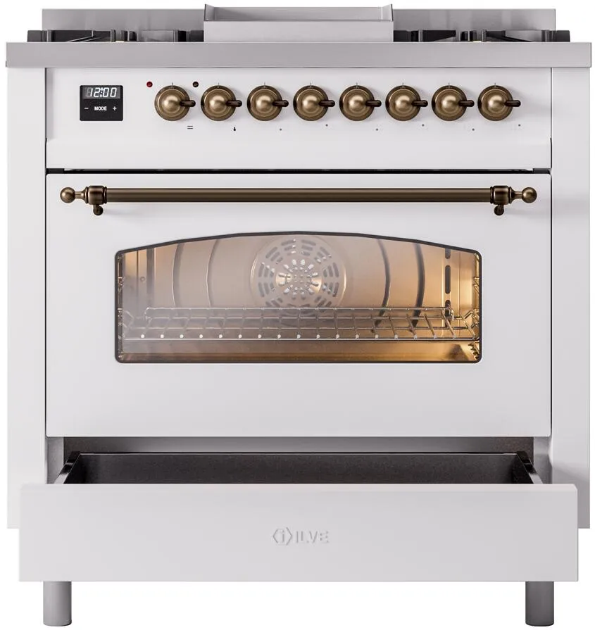 Ilve UP36FNMPWHB Nostalgie Ii 36 Inch Dual Fuel Natural Gas Freestanding Range In White With Bronze Trim