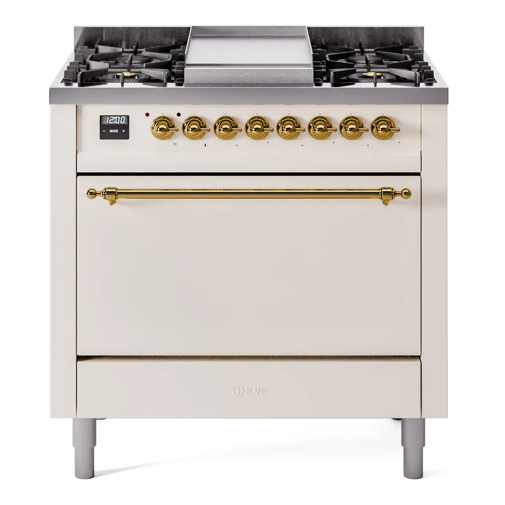 Ilve UP36FQNMPAWG Nostalgie Ii 36 Inch Dual Fuel Natural Gas Freestanding Range In Antique White With Brass Trim