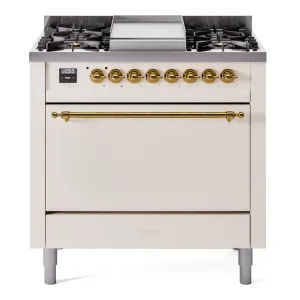 Ilve UP36FQNMPAWG Nostalgie Ii 36 Inch Dual Fuel Natural Gas Freestanding Range In Antique White With Brass Trim