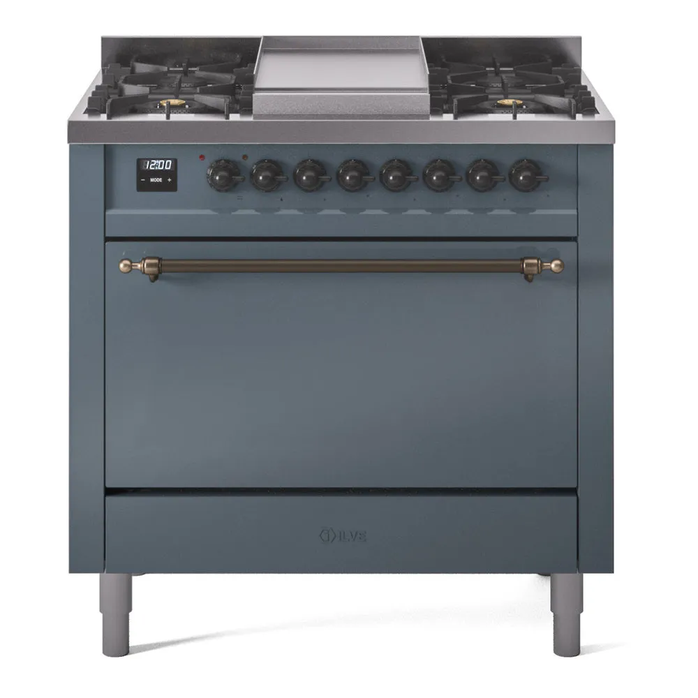 Ilve UP36FQNMPBGB Nostalgie Ii 36 Inch Dual Fuel Natural Gas Freestanding Range In Blue Grey With Bronze Trim