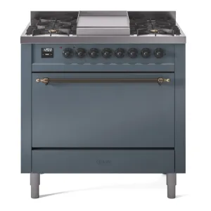 Ilve UP36FQNMPBGB Nostalgie Ii 36 Inch Dual Fuel Natural Gas Freestanding Range In Blue Grey With Bronze Trim