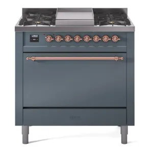 Ilve UP36FQNMPBGP Nostalgie Ii 36 Inch Dual Fuel Natural Gas Freestanding Range In Blue Grey With Copper Trim