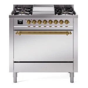 Ilve UP36FQNMPSSG Nostalgie Ii 36 Inch Dual Fuel Natural Gas Freestanding Range In Stainless Steel With Brass Trim