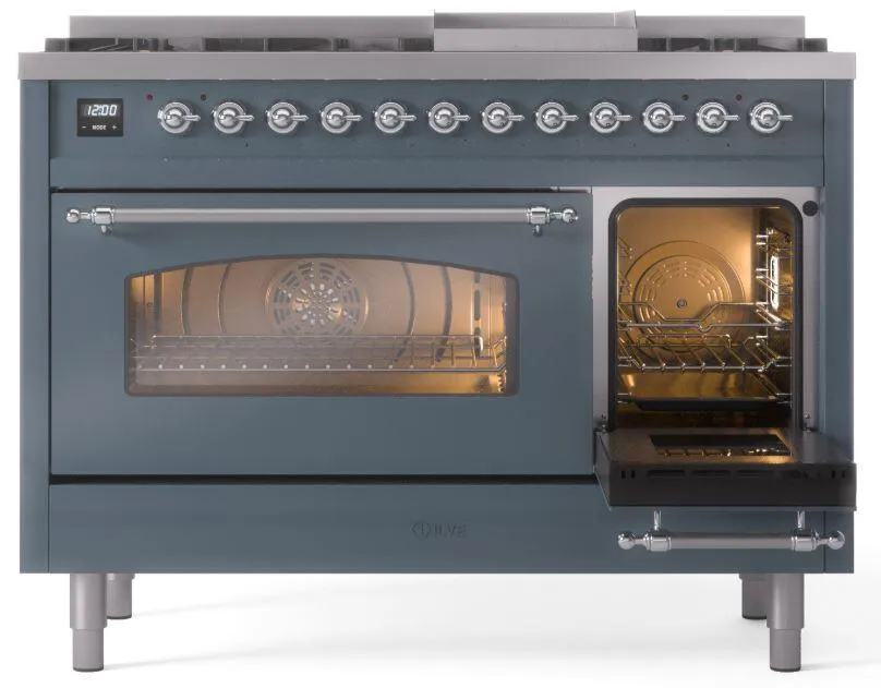 Ilve UP48FNMPBGC Nostalgie Ii 48 Inch Dual Fuel Natural Gas Freestanding Range In Blue Grey With Chrome Trim