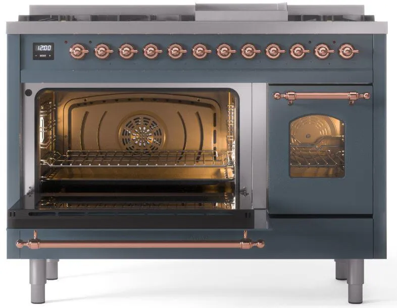 Ilve UP48FNMPBGP Nostalgie Ii 48 Inch Dual Fuel Natural Gas Freestanding Range In Blue Grey With Copper Trim