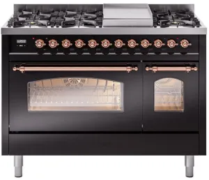 Ilve UP48FNMPBKP Nostalgie Ii 48 Inch Dual Fuel Natural Gas Freestanding Range In Glossy Black With Copper Trim