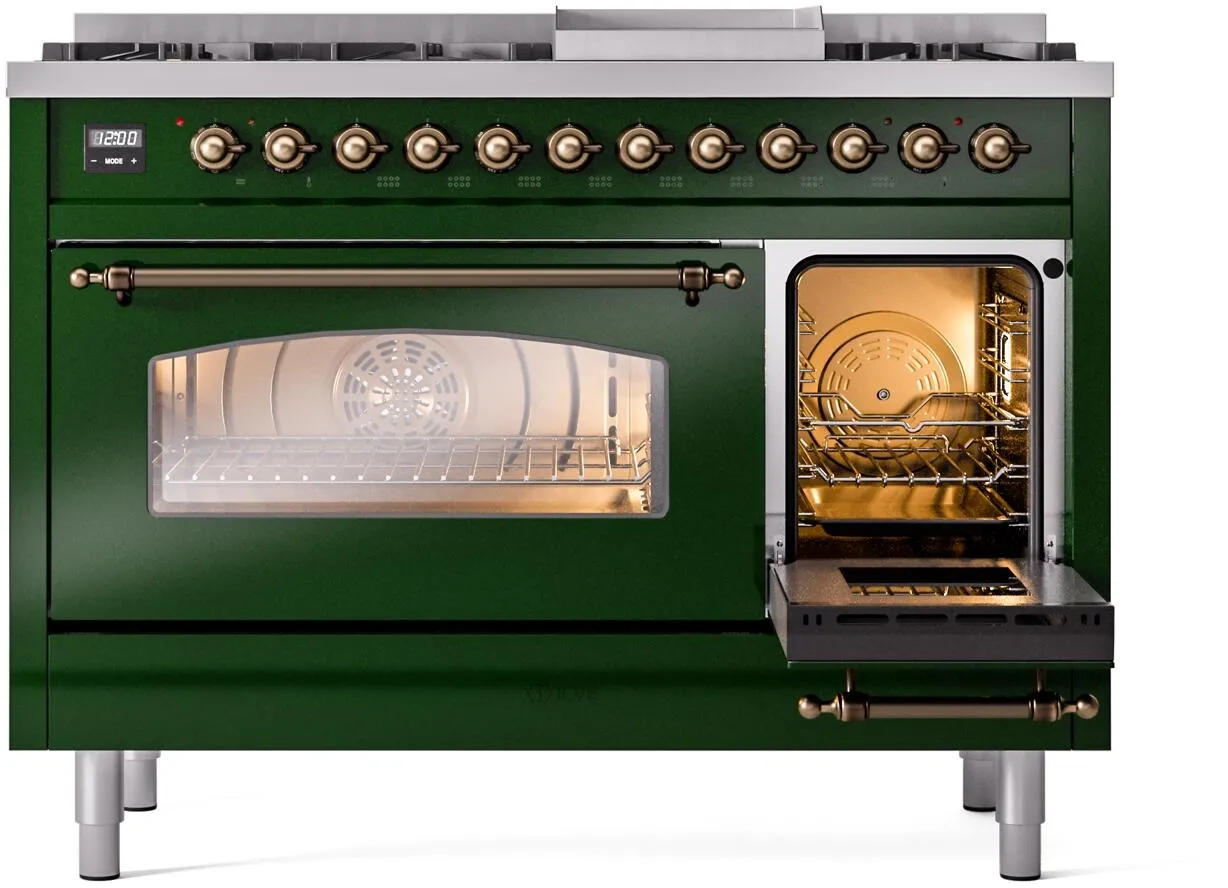 Ilve UP48FNMPEGBLP Nostalgie Ii 48 Inch Dual Fuel Liquid Propane Freestanding Range In Emerald Green With Bronze Trim