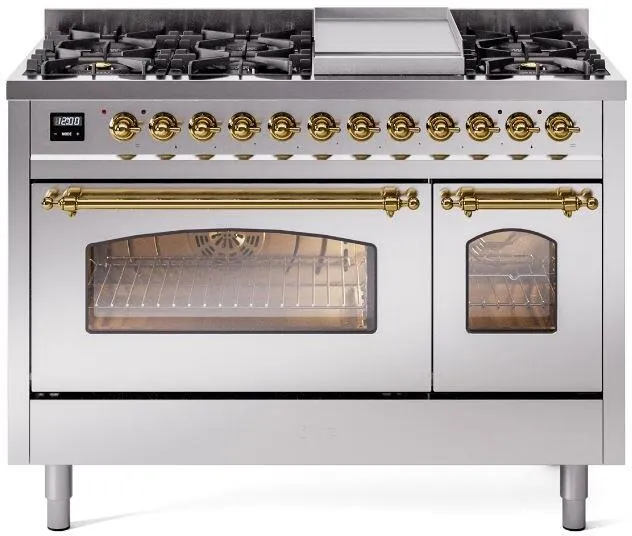 Ilve UP48FNMPSSG Nostalgie Ii 48 Inch Dual Fuel Natural Gas Freestanding Range In Stainless Steel With Brass Trim