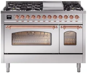 Ilve UP48FNMPSSPLP Nostalgie Ii 48 Inch Dual Fuel Liquid Propane Freestanding Range In Stainless Steel With Copper Trim