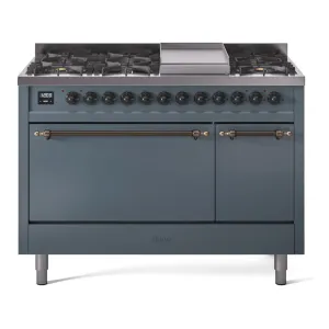 Ilve UP48FQNMPBGB Nostalgie Ii 48 Inch Dual Fuel Natural Gas Freestanding Range In Blue Grey With Bronze Trim