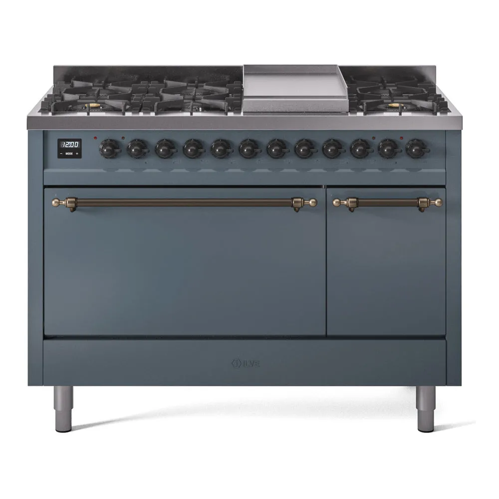 Ilve UP48FQNMPBGB Nostalgie Ii 48 Inch Dual Fuel Natural Gas Freestanding Range In Blue Grey With Bronze Trim