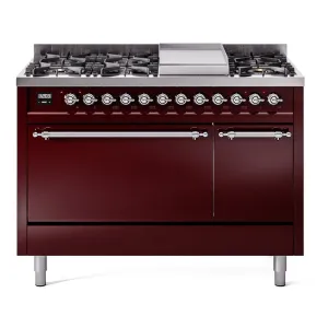 Ilve UP48FQNMPBUC Nostalgie Ii 48 Inch Dual Fuel Natural Gas Freestanding Range In Burgundy With Chrome Trim