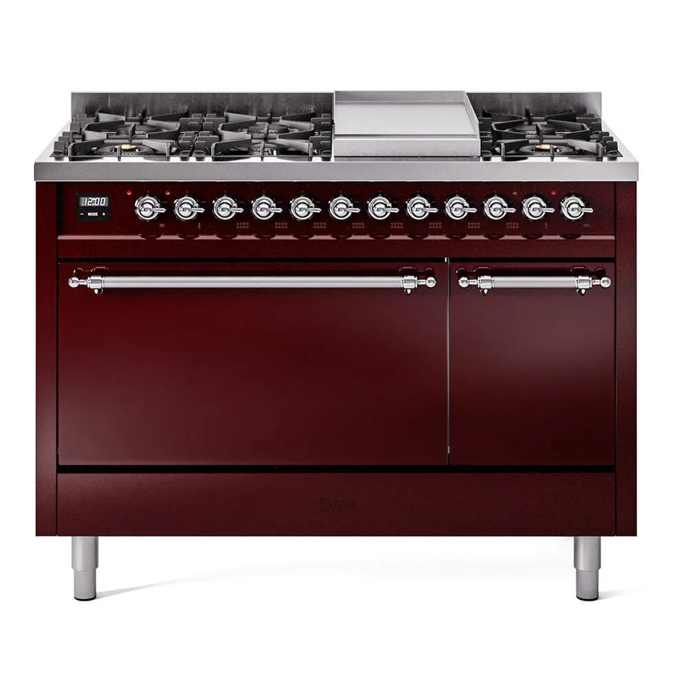 Ilve UP48FQNMPBUC Nostalgie Ii 48 Inch Dual Fuel Natural Gas Freestanding Range In Burgundy With Chrome Trim