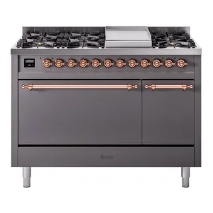 Ilve UP48FQNMPMGP Nostalgie Ii 48 Inch Dual Fuel Natural Gas Freestanding Range In Matte Graphite With Copper Trim