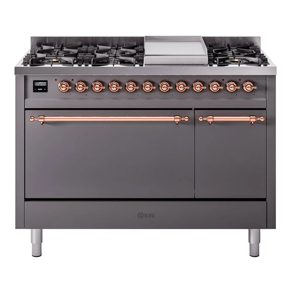 Ilve UP48FQNMPMGP Nostalgie Ii 48 Inch Dual Fuel Natural Gas Freestanding Range In Matte Graphite With Copper Trim