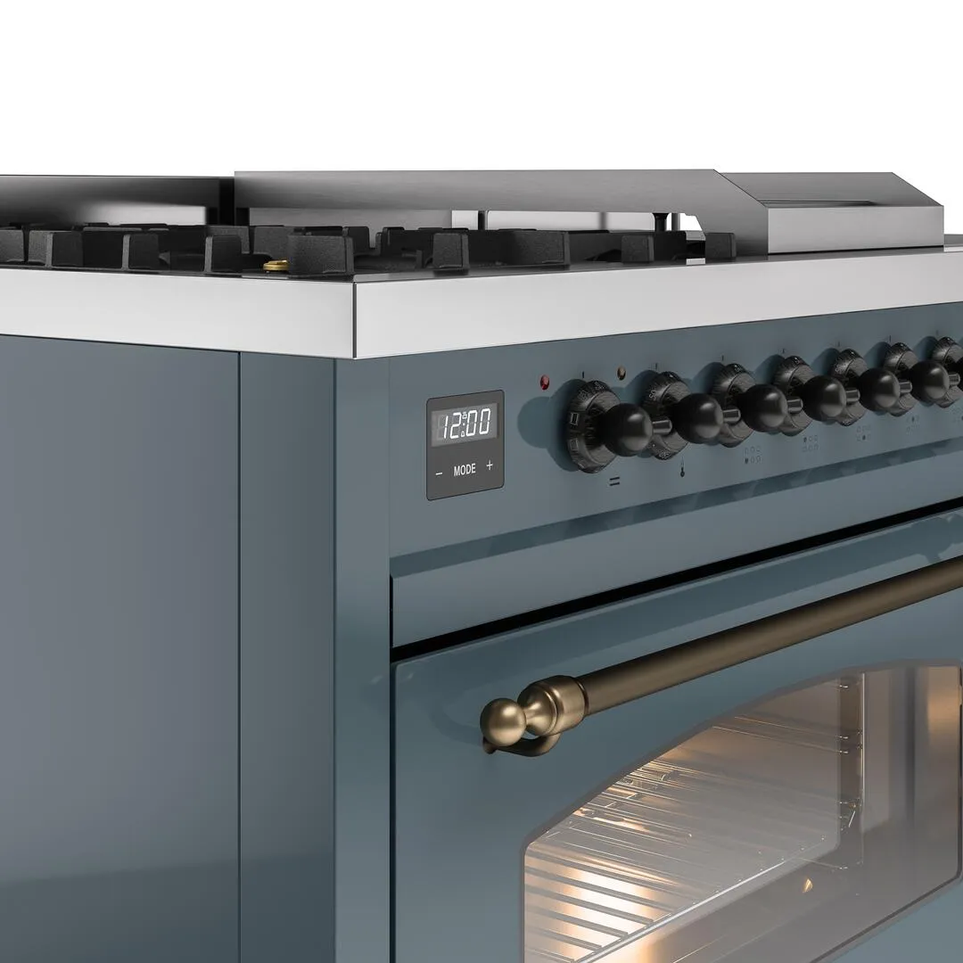 Ilve UP48FSNMPBGB Nostalgie Ii 48 Inch Dual Fuel Natural Gas Freestanding Range In Blue Grey With Bronze Trim