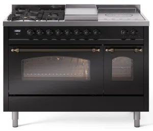 Ilve UP48FSNMPBKB Nostalgie Ii 48 Inch Dual Fuel Natural Gas Freestanding Range In Glossy Black With Bronze Trim
