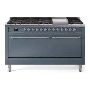 Ilve UP60FQNMPBGC Nostalgie Ii 60 Inch Dual Fuel Natural Gas Freestanding Range In Blue Grey With Chrome Trim