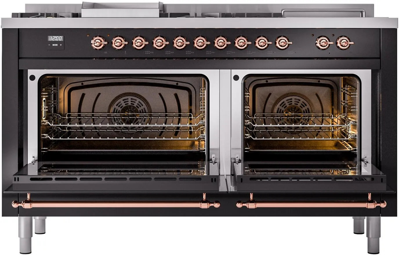 Ilve UP60FSNMPBKP Nostalgie Ii 60 Inch Dual Fuel Natural Gas Freestanding Range In Glossy Black With Copper Trim