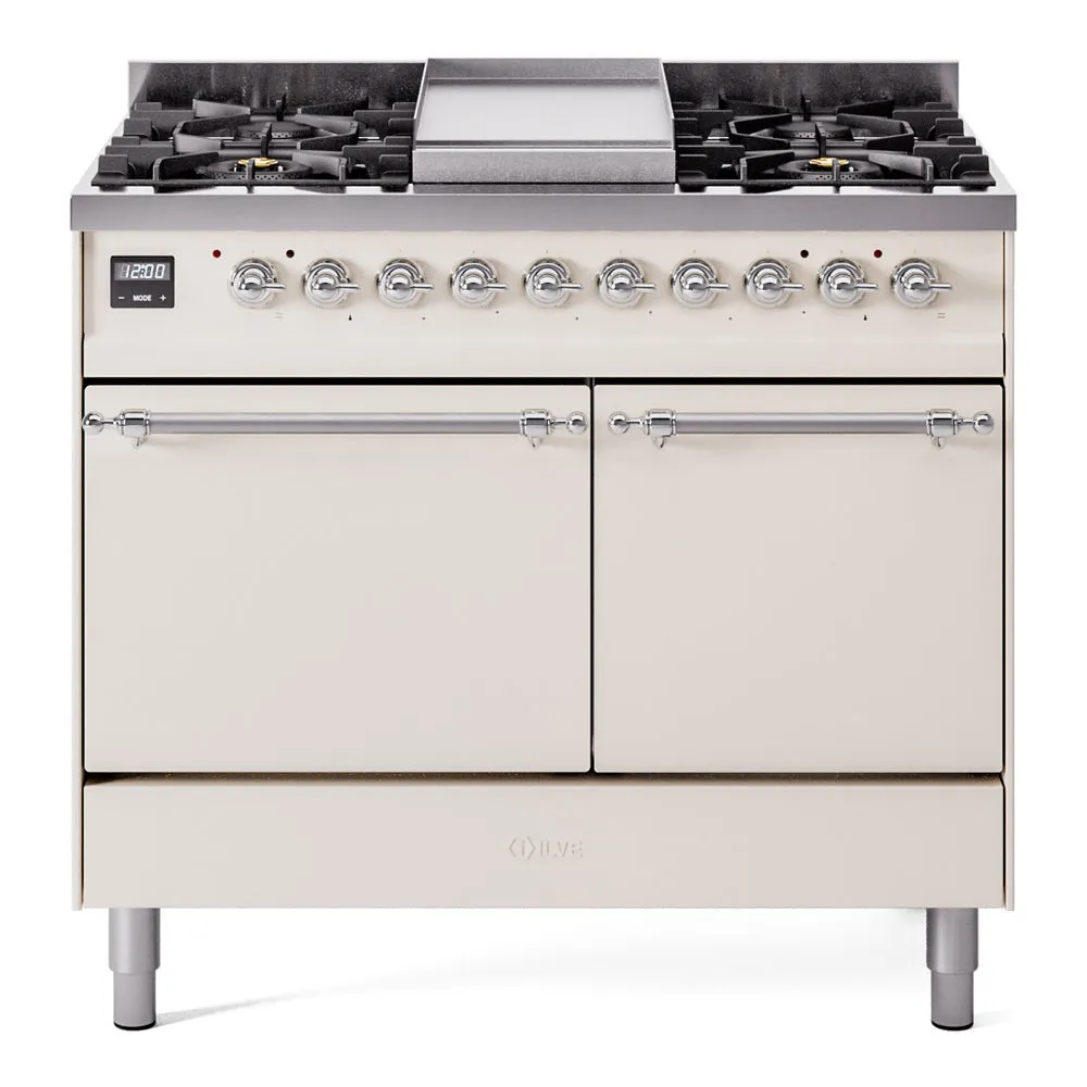 Ilve UPD40FQNMPAWC Nostalgie Ii 40 Inch Dual Fuel Natural Gas Freestanding Range In Antique White With Chrome Trim