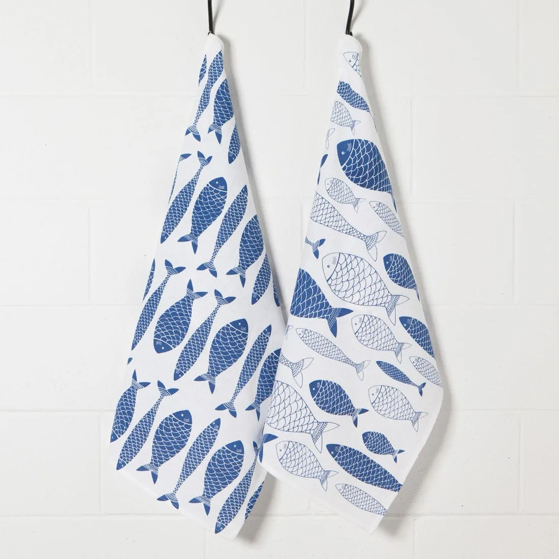 Now Designs - Fish Print Royal Blue Floursack Dishtowels - Set of 2