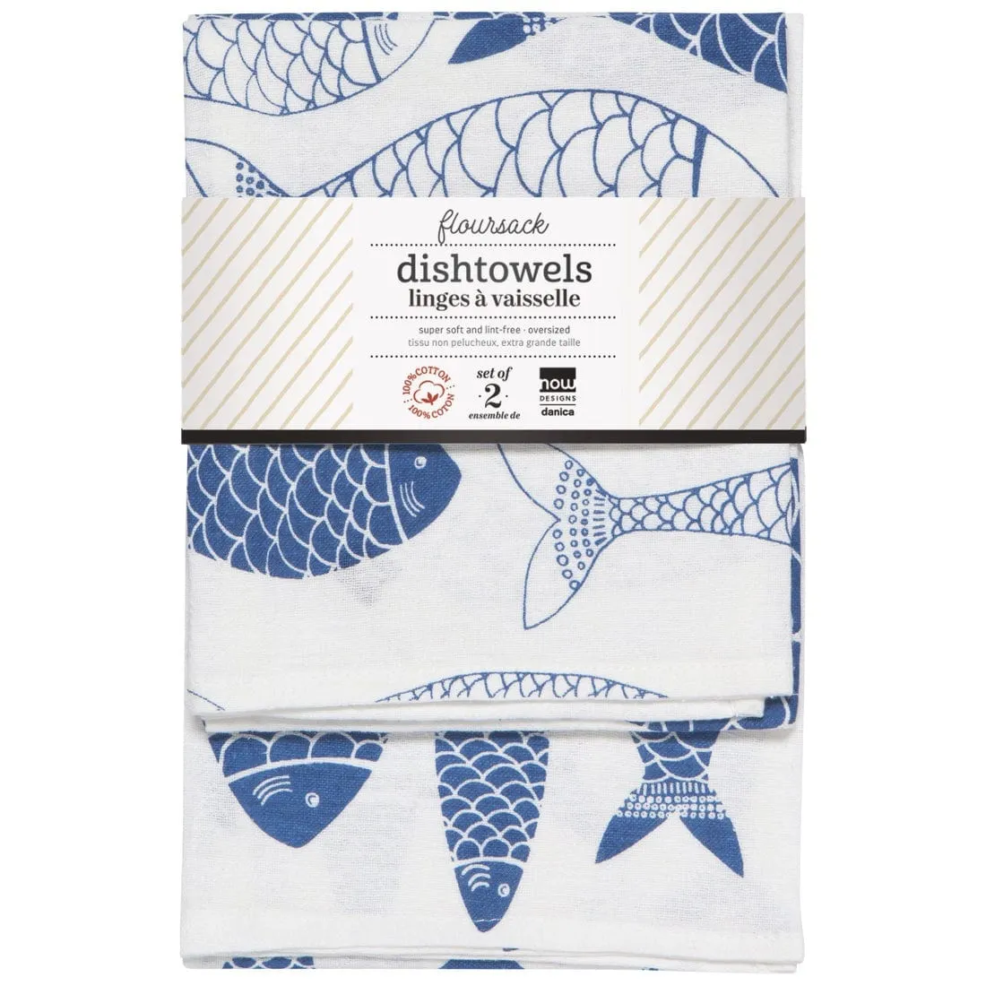 Now Designs - Fish Print Royal Blue Floursack Dishtowels - Set of 2