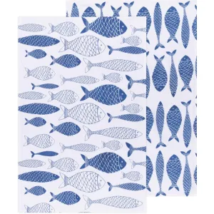 Now Designs - Fish Print Royal Blue Floursack Dishtowels - Set of 2