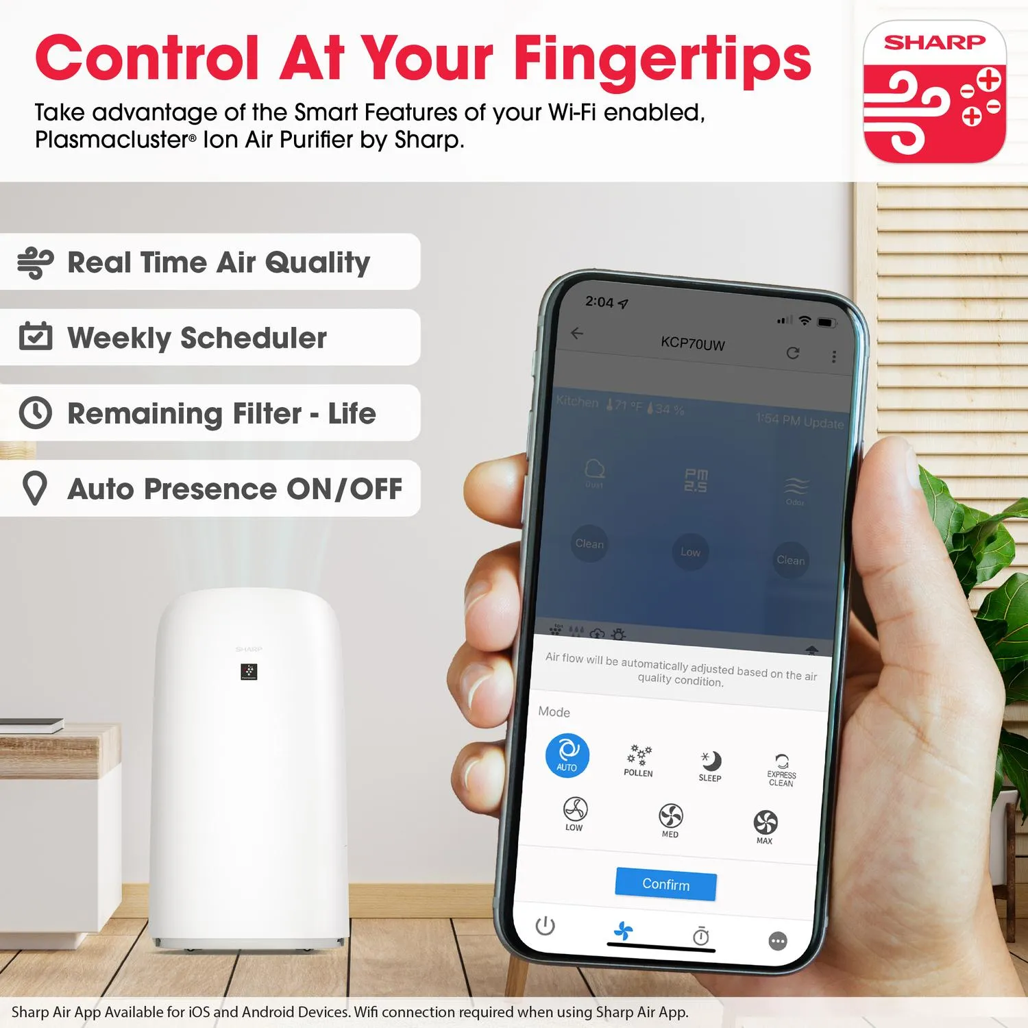 Sharp KCP70UW Sharp Smart Plasmacluster Ion Air Purifier With True Hepa   Humidifier For Large Rooms