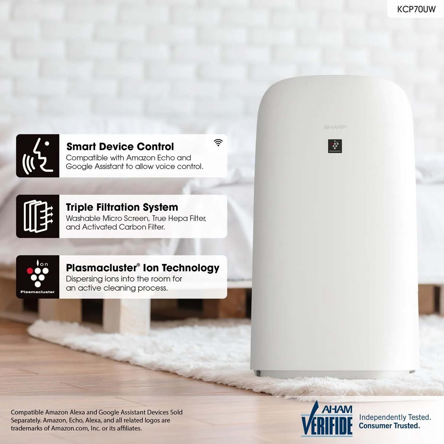 Sharp KCP70UW Sharp Smart Plasmacluster Ion Air Purifier With True Hepa   Humidifier For Large Rooms