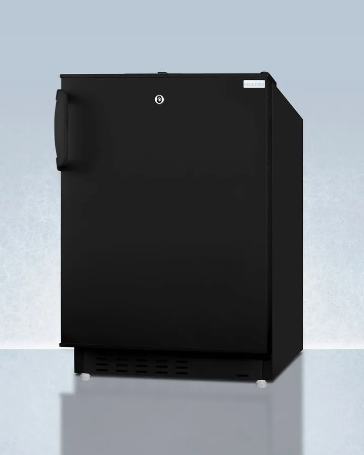Summit ADA302BRFZ Built-In Undercounter. Ada Compliant Refrigerator-Freezer In Black. Designed For General Purpose Storage. Manual Defrost With Glass Shelves. Front Lock. And Door Storage