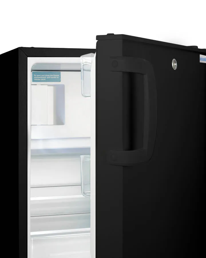 Summit ADA302BRFZ Built-In Undercounter. Ada Compliant Refrigerator-Freezer In Black. Designed For General Purpose Storage. Manual Defrost With Glass Shelves. Front Lock. And Door Storage