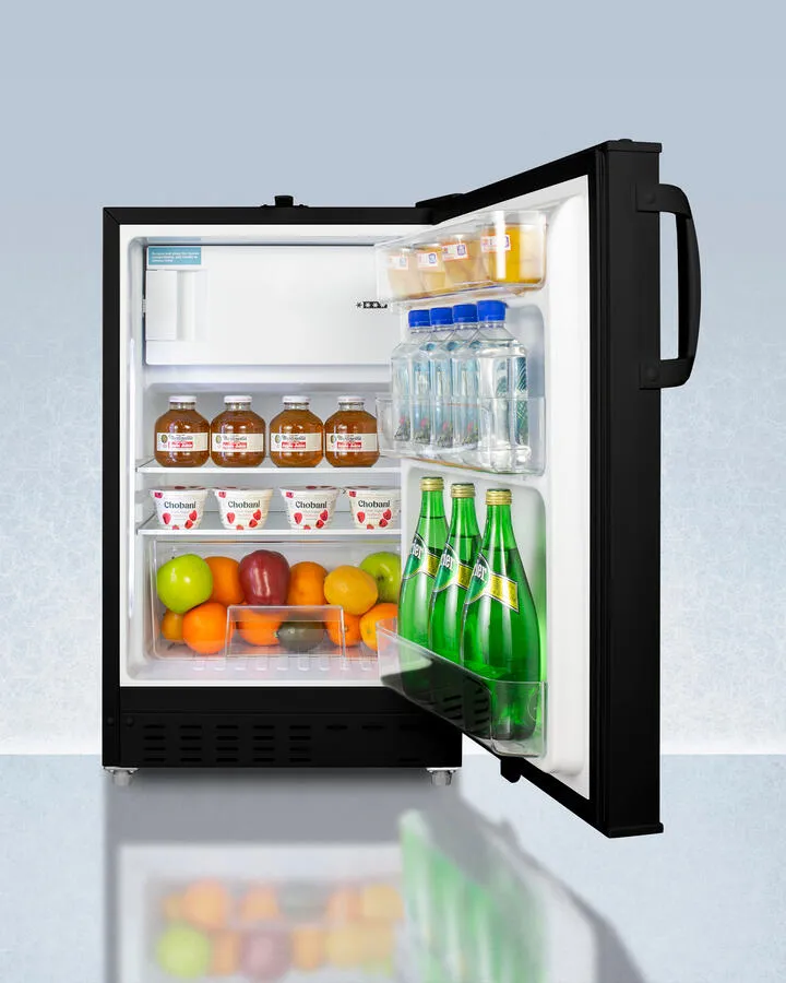 Summit ADA302BRFZ Built-In Undercounter. Ada Compliant Refrigerator-Freezer In Black. Designed For General Purpose Storage. Manual Defrost With Glass Shelves. Front Lock. And Door Storage