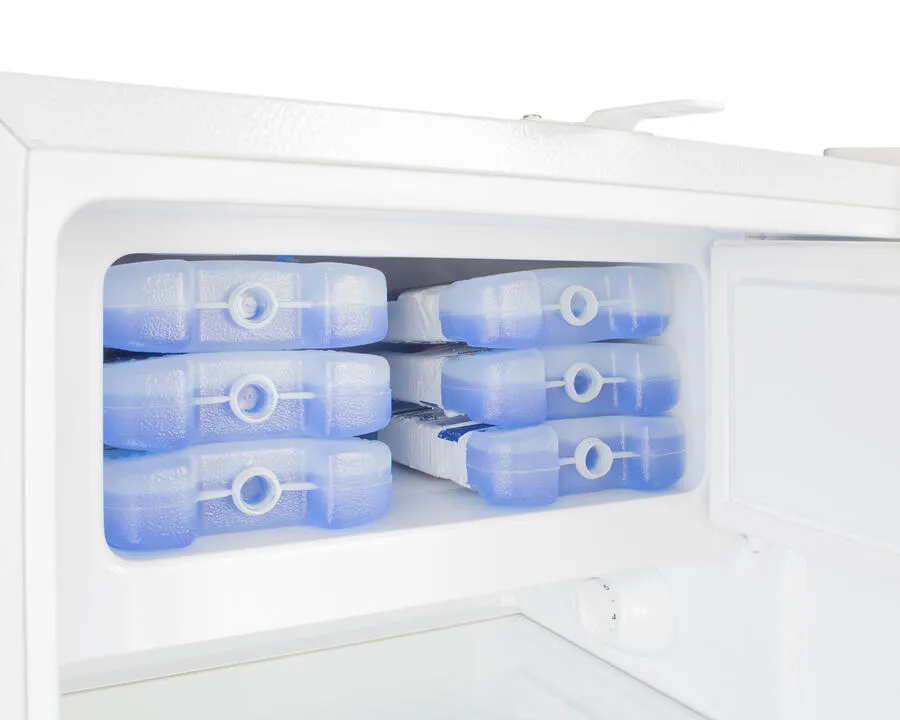 Summit ADA302RFZ Built-In Undercounter. Ada Compliant Refrigerator-Freezer In White. Designed For General Purpose Storage. Manual Defrost With Glass Shelves. Front Lock. And Door Storage