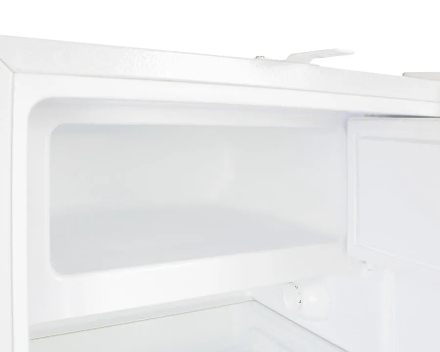 Summit ADA302RFZ Built-In Undercounter. Ada Compliant Refrigerator-Freezer In White. Designed For General Purpose Storage. Manual Defrost With Glass Shelves. Front Lock. And Door Storage