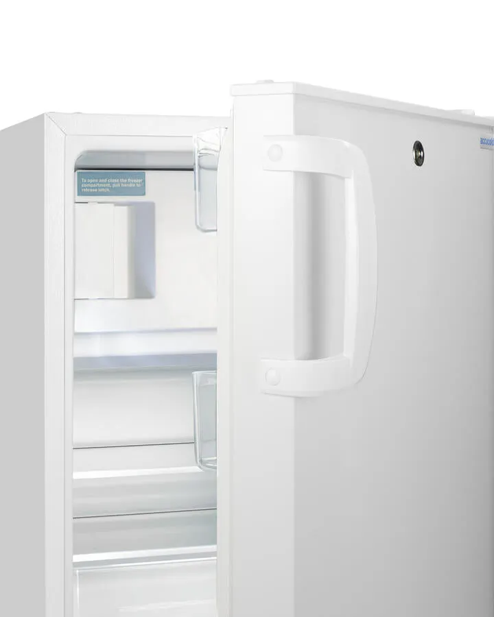 Summit ADA302RFZ Built-In Undercounter. Ada Compliant Refrigerator-Freezer In White. Designed For General Purpose Storage. Manual Defrost With Glass Shelves. Front Lock. And Door Storage
