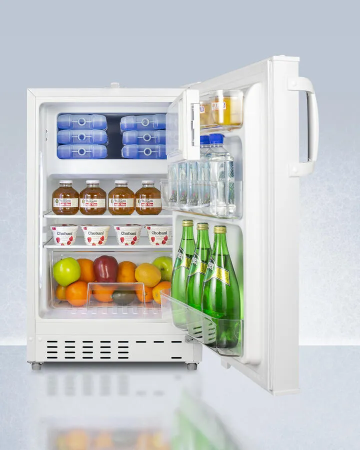 Summit ADA302RFZ Built-In Undercounter. Ada Compliant Refrigerator-Freezer In White. Designed For General Purpose Storage. Manual Defrost With Glass Shelves. Front Lock. And Door Storage